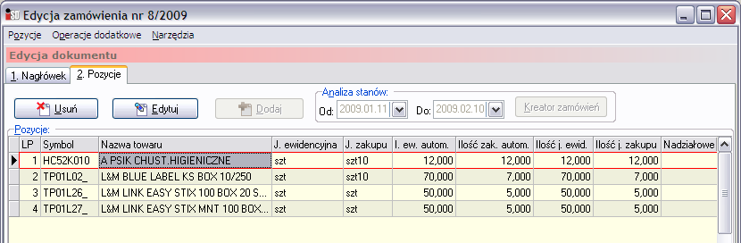 Nazwa towaru; J. ewidencyjna jednostka, w jakiej towar jest sprzedawany; J. zakupu jednostka, w jakiej towar jest dostarczany do punktu sprzedaży; Ilość ew. autom.