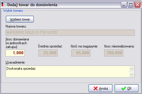 W oknie dodawania towarów do domówienia zostaną uzupełnione dane dotyczące domawianego towaru: - Średnia sprzedaż informuje o średniej dziennej sprzedaży wybranego towaru; - Ilość na magazynie