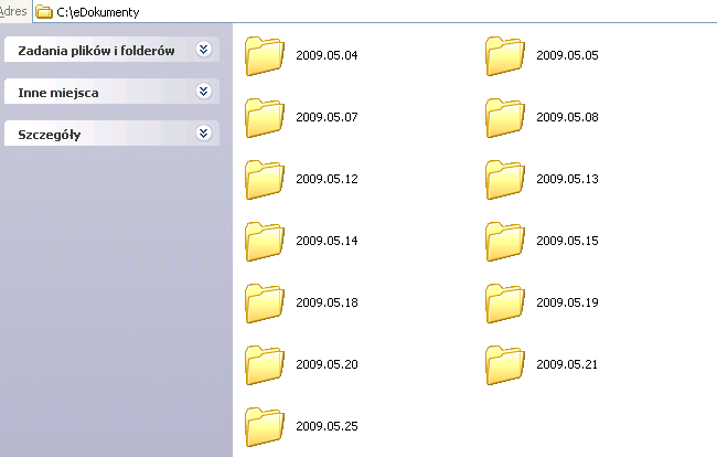 We wskazanej lokalizacji zostanie utworzony folder edokumenty, a w nim podfoldery, w których znajdą z się elektroniczne dokumenty podpisane w danym dniu, np.