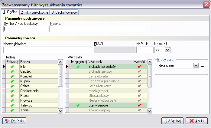 Domyślnie w okienku nie są pokazywane towary, które są zablokowane oraz towary o stanach zerowych. Aby zobaczyć takie towary należy odpowiednio poustawiać filtry zaawansowane. 11.