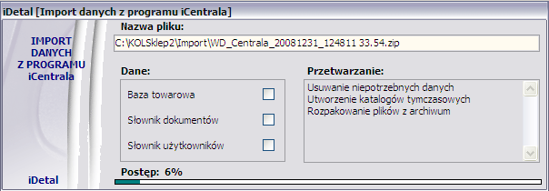 Aby zaimportować plik bazy towarowej należy wybrać przycisk Importuj dane (ALT+D). Otworzy się kolejne okienko, w którym należy wybrać właściwy plik z bazą towarową.