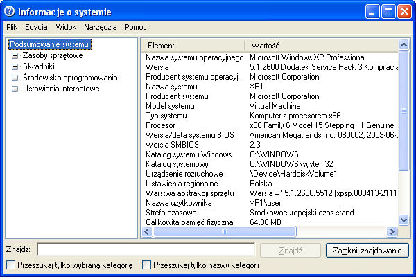 System operacyjny Windows Informacje o systemie (System Information) Aplikacja Informacje o systemie zawiera szczegółowe informacje o właściwościach sprzętowych, składnikach systemowych i