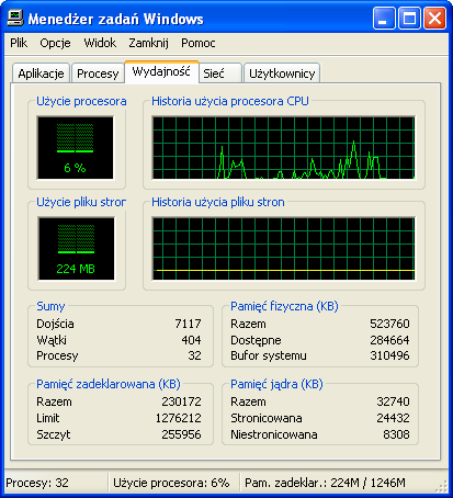 Dodatkowe opcje związane z zakładką Wydajność znajdują się w menu Widok i są to Historia procesora CPU, przydatna w systemach wieloprocesorowych i umożliwiająca rysowania oddzielnych wykresów dla