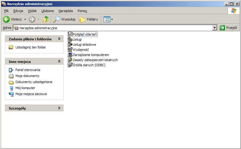 Wygląd Narządzi administracyjnych W systemie Windows XP dostępne są następujące narzędzia administracyjne: Eksplorator usług składowych (Component Services Explorer) Element ten używany jest przez