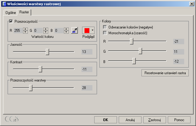 Warstwy rastrowe Zakładka właściwości warstwy rastrowej umożliwia: ustawienie koloru przezroczystego (będzie on usunięty podczas wyświetlania); zmianę kontrastu i jasności; odwrócenie kolorów