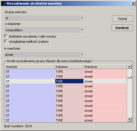 Wyszukiwanie obiektów według ich atrybutów Za pomocą narzędzia do wyszukiwania atrybutów warstwy możliwe jest odnalezienie obiektów w warstwie lub warstwach posiadających określoną wartość atrybutu