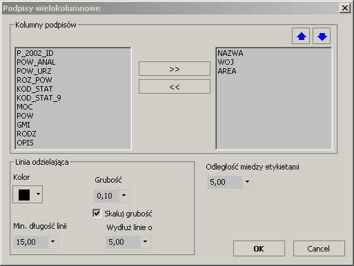 Rys. 37: Okno definiowania etykiet wielokolumnowych Znaczenie poszczególnych parametrów jest następujące: Kolor służy do definiowania koloru poziomej linii oddzielająca każdą kolumnę etykiety Grubość