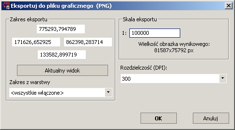 Rys. 42: Okno eksportu do TIFF/GeoTIFF Eksportowanie do PNG Eksport do formatu PNG ma bardzo zbliżone działanie do funkcji eksportu do formatu TIFF/GeoTIFF i jest przydatny w przypadku posiadania