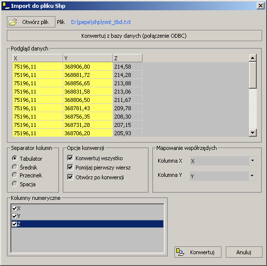 Importowanie danych tekstowych / tabelarycznych do pliku Shapefile Oprogramowanie jest wyposażone w uniwersalne narzędzie do importowania danych tekstowych do pliku Shapefile.