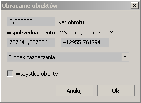 Aby obrócić obiekty należy: 1. Narzędziem zaznaczania zaznaczyć obiekty na edytowanej warstwie 2. Wybrać narzędzie Obróć obiekty z menu Edycja 3.