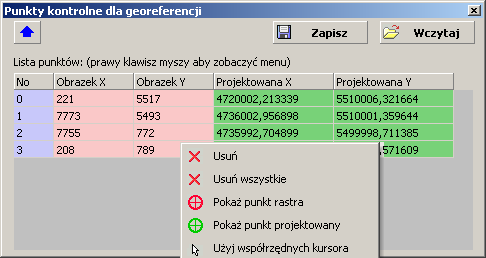 Zw ijanie okna Współrzędne rastra Współrzędne projektow ane (docelow e) Menu kontekstow e (dla każdego punktu) Rys.