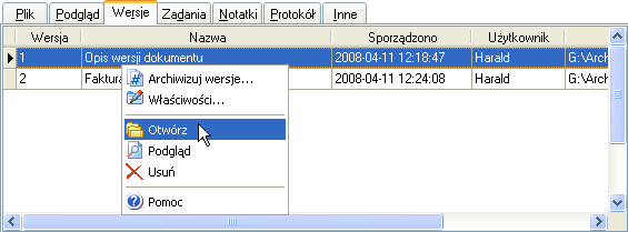 Dokumentacja użytkownika Zarządzanie wersjami 166 Otwieranie wersji dokumentu Jeśli chcesz później sięgnąć do tej wersji, proszę zaznaczyć dokument w tabeli i wybrać w Menu Dokument polecenie