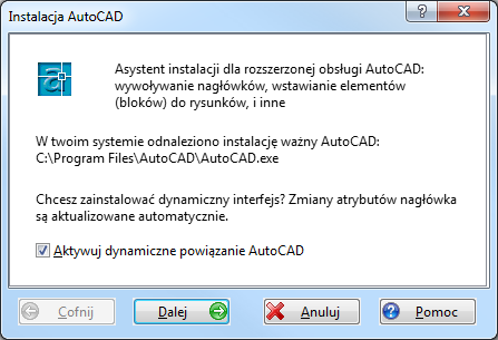 Zarządzanie rysunkami Asystent instalacji AutoCAD 176 Asystent instalacji AutoCAD Asystent instaluje rozszerzone aplikacje AutoCAD Office Managera: sporządzanie nagłówków dla nowych rysunków,