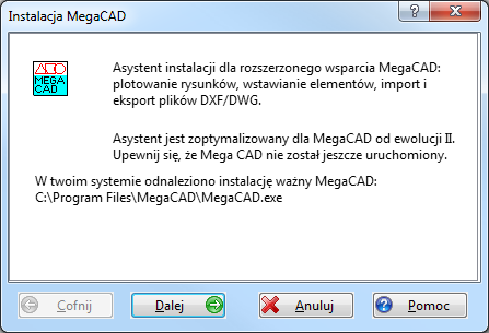 Zarządzanie rysunkami Asystent instalacji MegaCAD 183 Asystent instalacji MegaCAD Asystent instaluje rozszerzone aplikacje MegaCAD Office Managera: sporządzanie nagłówków dla nowych rysunków,