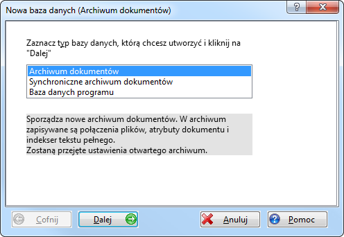 Operacje bazy danych Sporządzanie nowej bazy danych 191 Sporządzanie nowej bazy danych Proszę kliknąć w Menu Plik Baza danych na polecenie Nowy, otwierane jest okno Nowa baza danych : Wybierz Typ