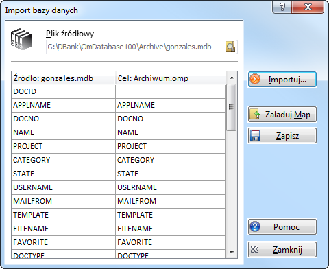 Operacje bazy danych Import bazy danych 197 Import bazy danych Funkcja ta importuje zbiór danych dokumentu do otwartego archiwum.