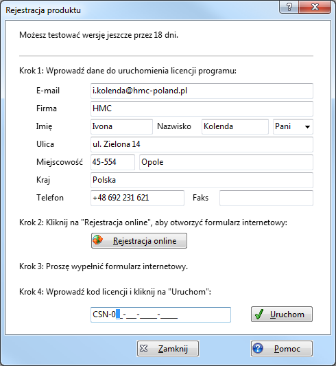 Instalacja Rejestracja oprogramowania Rejestracja oprogramowania Program nie jest bezpłatny. Chodzi raczej o ograniczoną czasowo wersję testową, którą możesz bezpłatnie testować przez okres 30. dni.