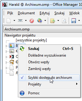 Dokumentacja użytkownika Otwieranie archiwum Szybki dostęp do archiwum Jeśli bardzo często zmieniasz różne archiwa, możesz je także wybrać z listy powyżej Nawigatora projektu.