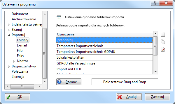 Dokumentacja użytkownika Import dokumentów 83 Definiowanie folderów importu W Menu Widok Opcje proszę wybrać polecenie Ustawienia i zaznaczyć po lewej stronie kategorię Import Foldery: Możesz