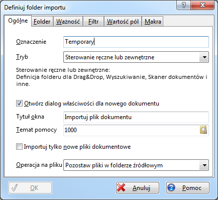 Dokumentacja użytkownika Import dokumentów Proszę wprowadzić treściwie brzmiący Opis i dalsze opcje.