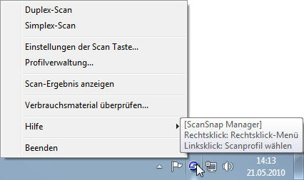 Dokumentacja użytkownika Skanuj Uruchomienie Managera ScanSnap Aby uruchomić Managera ScanSnap proszę kliknąć prawym klawiszem myszy na symbol na pasku symboli Windows.