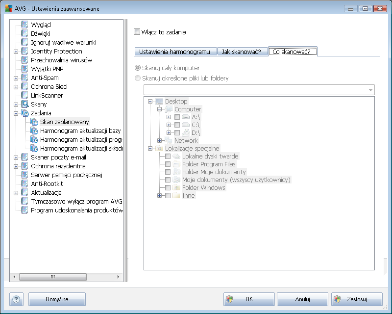 Na karcie Co skanować? można określić, czy planowane jest skanowanie całego komputera, czy skanowanie określonych plików lub folderów.