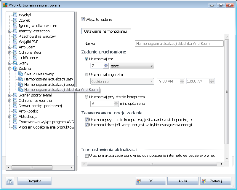 Podstawowe opcje planowania aktualizacji składnika Anti-Spam zostały opisane w interfejsie Menedżera aktualizacji. W niniejszym oknie można ustawić szczegółowe parametry harmonogramu aktualizacji.