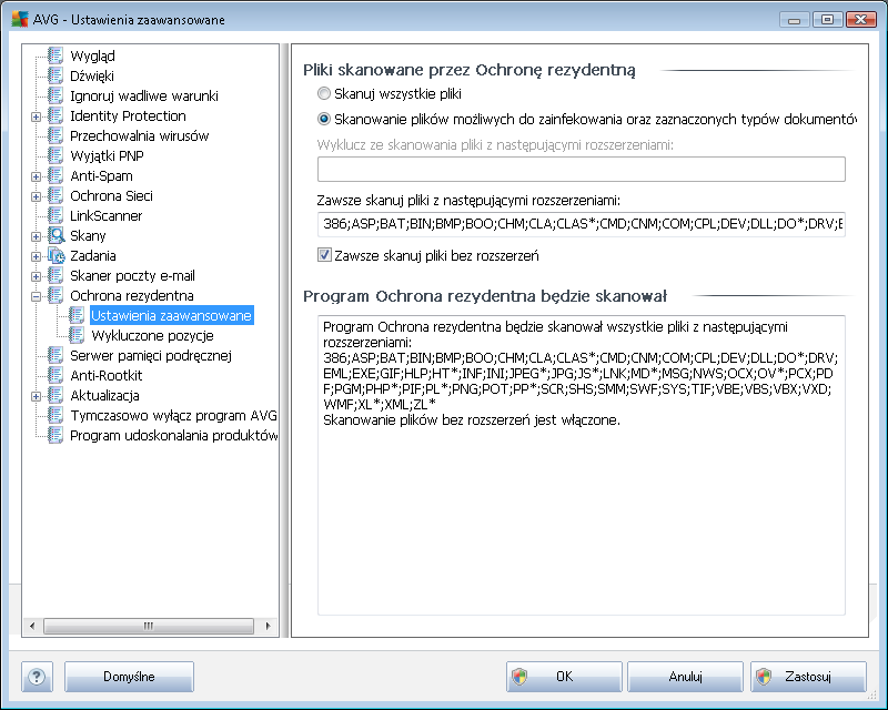 9.13.1. Ustawienia zaawansowane W oknie Pliki skanowane przez Ochronę Rezydentną można określić, które pliki mają być skanowane (według ich rozszerzeń): Zdecyduj, czy chcesz skanować tylko pliki