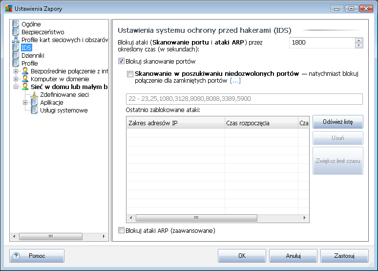 W oknie dialogowym Ustawienia IDS dostępne są następujące opcje: Blokuj ataki przez określony czas pozwala ustawić czas (w sekundach), przez który port powinien być blokowany w przypadku wykrycia na