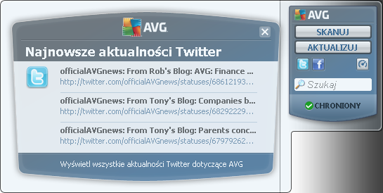 Link do serwisu Twitter otwiera nowe okno interfejsu gadżetu AVG, zawierające przegląd najnowszych informacji systemu AVG opublikowanych w serwisie Twitter.