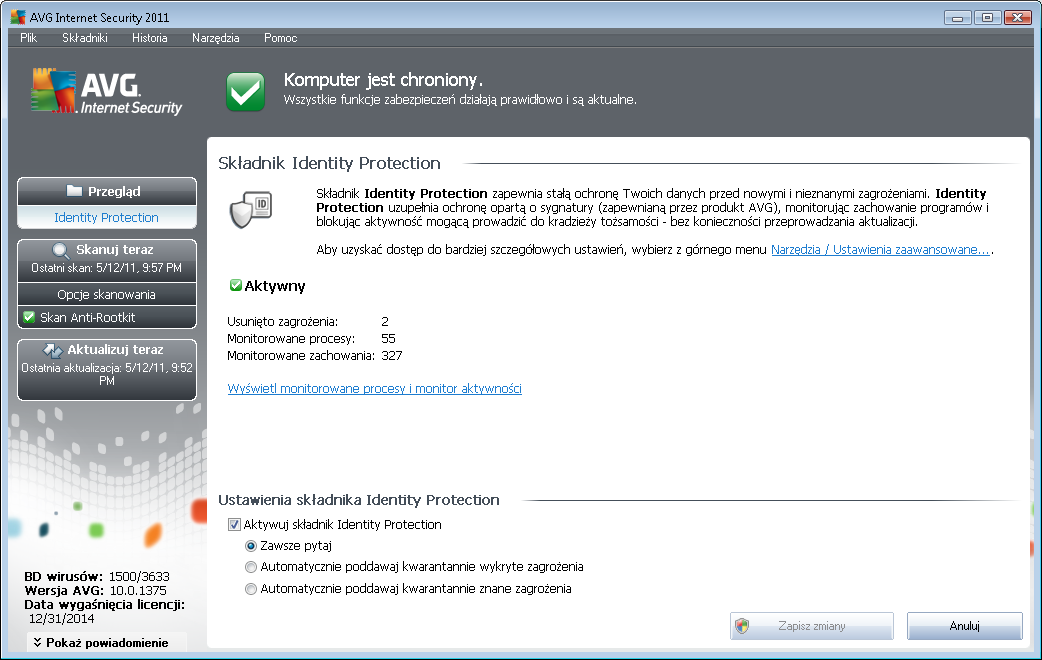 7.17.1. Podstawy działania ID Protection Składnik AVG Identity Protection służy do ochrony przed szkodliwym oprogramowaniem, zapewniając ochronę przed wszystkimi jego rodzajami (jak np.