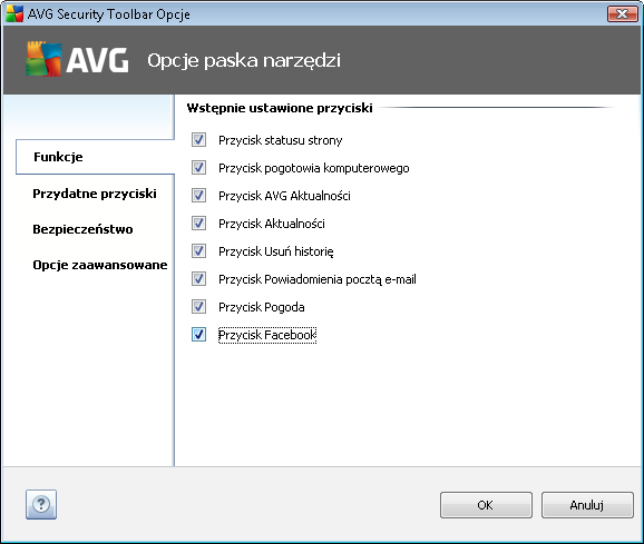 8.2.1. Karta Ogólne Na tej karcie możliwe jest określenie, które przyciski kontrolne mają być wyświetlane / ukryte na panelu Paska narzędzi AVG Security Toolbar.