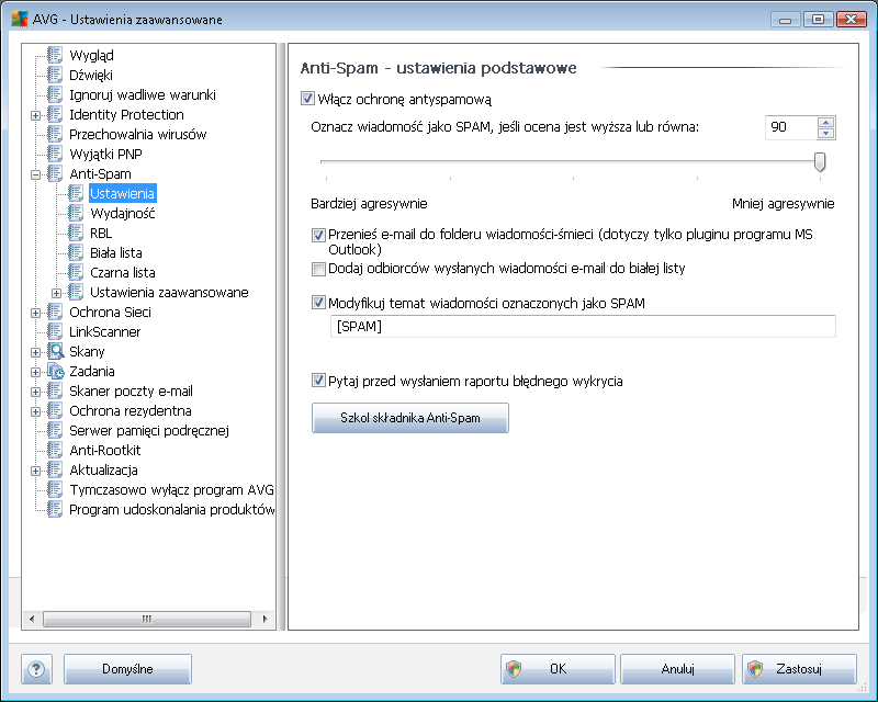 9.7.1. Ustawienia W oknie Podstawowe ustawienia składnika Anti-Spam można zaznaczyć pole Włącz ochronę antyspamową, aby włączyć/wyłączyć skanowanie wiadomości e-mail.
