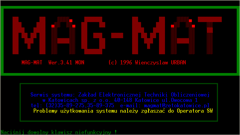 Po uruchomieniu, na ekranie pojawia strona tytułowa systemu.