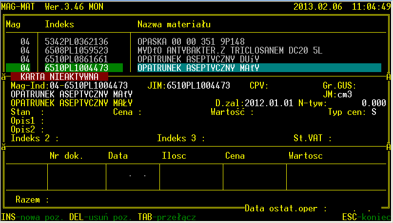 Jeżeli karta materiałowa została już oznaczona jako karta nieaktywna, wówczas naciśnięcie przycisku Enter po