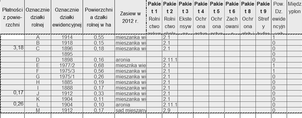 ysunek 21. Kopiowany z excela zakres komórek z działkami ewidencyjnymi Import pól Powinien być wykonany po imporcie działek ewidencyjnych. Należy skopiować obszar z zakładki Export pokazany na rys.