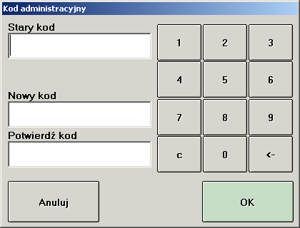12.3. Zmiana kodu administracyjnego Funkcja ta służy do zmiany kodu administracyjnego niezbędnego do korzystania z wybranych funkcji na terminalu palmpos (patrz: podręcznik użytkownika palmpos ).