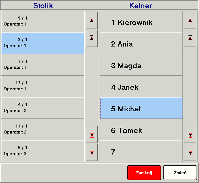 9.3. Funkcja Stolik - Kelner Funkcja Stolik - kelner służy do przenoszenia otwartych rachunków z jednego użytkownika na innego. Należy najpierw wybrać przycisk Funkcje a następnie Stolik >>> Kelner.