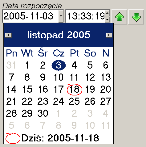 Aby wprowadzić daty do pól Data rozpoczęcia i Data zakończenia należy najpierw kliknąć w polu daty pod Data rozpoczęcia i w pojawiającym się oknie kalendarza zaznaczyć datę początkową.