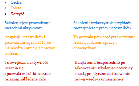 37 Materiały dwiczeniowe Stwórz stronę informacyjną o produkcie / usłudze Przykładowa struktura dla firmy szkoleniowej / szkolenia 1. Główne cele, na przykład: a. Poszerzenie wiedzy b.