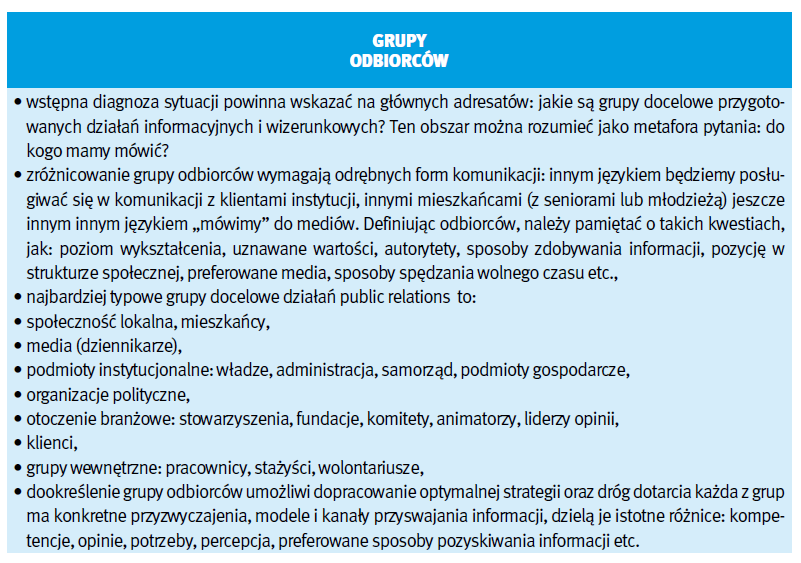 - kto (jaka grupa) jest kluczowy dla nas i naszych działań? - jakie relacje nas z nimi łączą? - co powinni o nas wiedzieć i jaki obraz naszej organizacji chcemy zbudować?