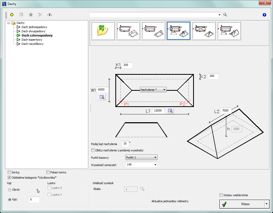 CADprofi Architectural: Dachy Dachy Polecenie Dachy umożliwia szybkie wstawienie do rysunku wybranego typu dachu o określonych przez użytkownika wymiarach.