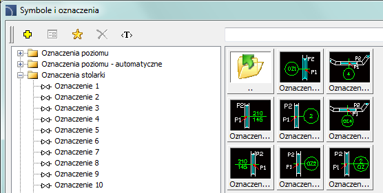 CADprofi Architectural: Symbole i oznaczenia Symbole i oznaczenia W CADprofi znajdują się różne kategorie symboli oznaczeń architektonicznych.