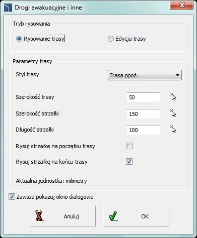 CADprofi Architectural: Trasy ewakuacyjne Trasy ewakuacyjne Polecenie Drogi ewakuacyjne i inne pozwala na rysowanie oraz edycję tras ewakuacyjnych, tras ppoż. oraz innych (np.