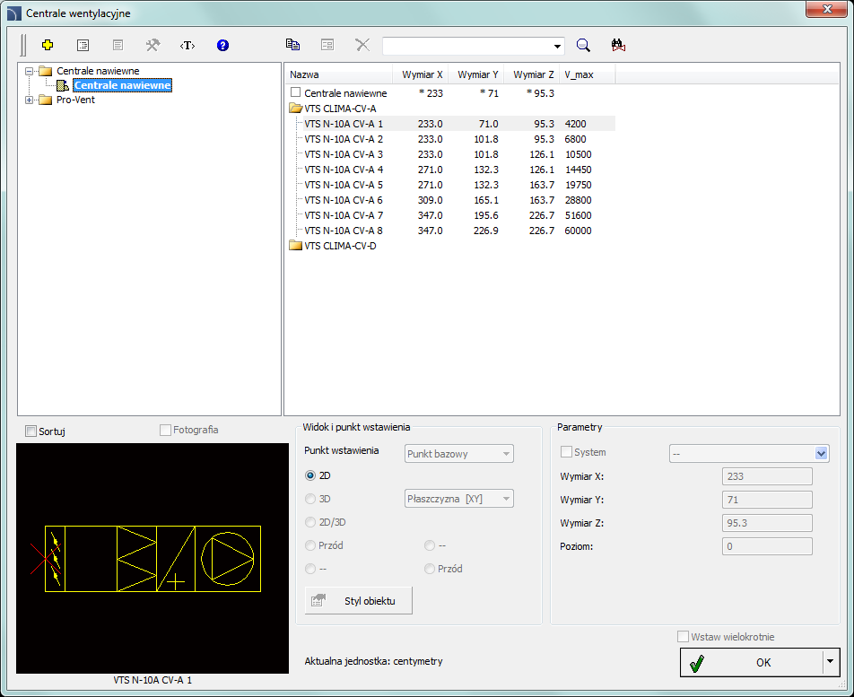 CADprofi HVAC & Piping: Centrale wentylacyjne Centrale wentylacyjne Polecenie Centrale wentylacyjne umożliwia wstawianie central nawiewnych w widoku 2D.