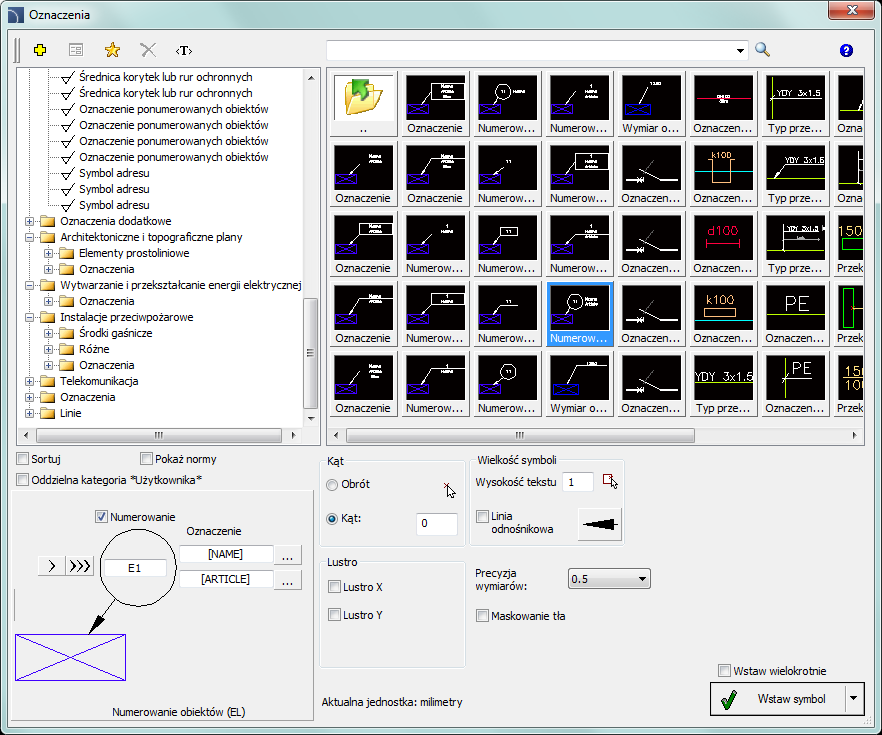 CADprofi Electrical: Oznaczenia Okno dialogowe Oznaczenia Podstawowa funkcjonalność oraz opcje dotyczące symboli zostały opisane w rozdziale Symbole IEC, NFPA (patrz str. 252).