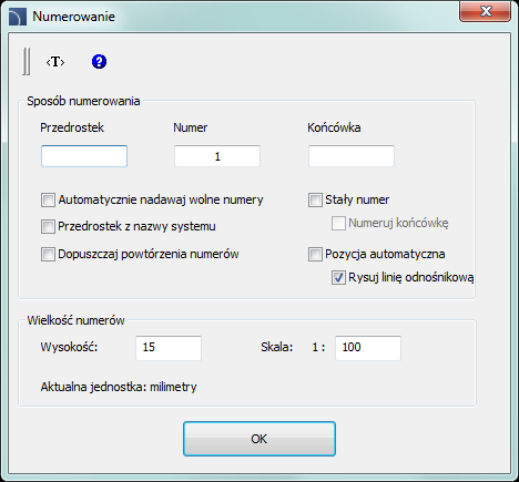 CADprofi Polecenia ogólne: Numerowanie Przypisywanie numerów W oknie dialogowym należy określić sposób numerowania oraz wielkość i wygląd wstawianych numerów.
