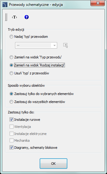 CADprofi Polecenia ogólne: CADprofi Edycja Polecenie Przewody schematyczne edycja pozwala na określanie typów, a także na zmianę widoku przewodów.