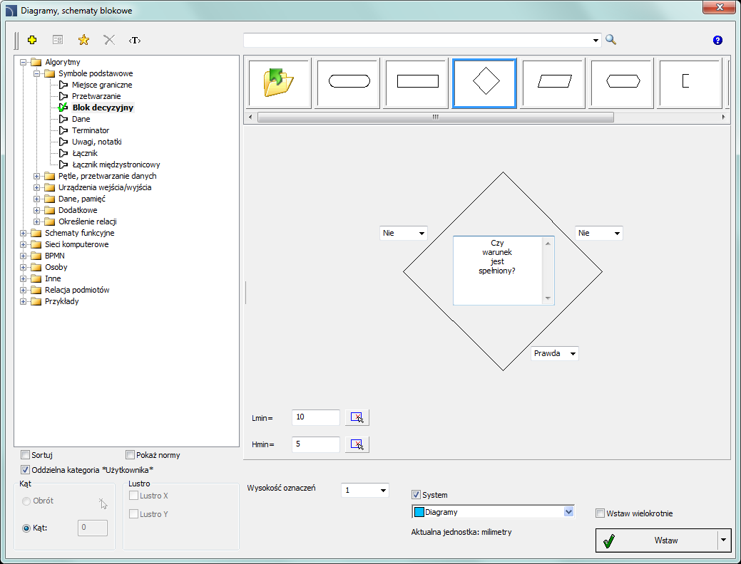 CADprofi Polecenia ogólne: Diagramy i schematy blokowe Diagramy, schematy blokowe Polecenie Diagramy, schematy blokowe zawiera elementy stosowane przy rysowaniu różnorodnych schematów funkcyjnych,