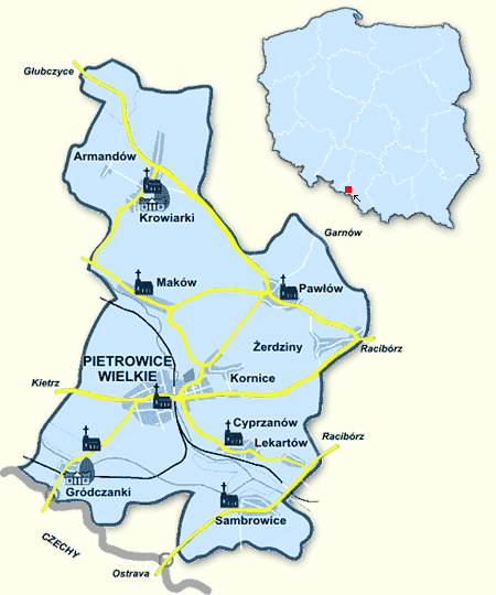 Rysunek 2. Lokalizacja poszczególnych sołectw na terenie gminy Pietrowice Wielkie.